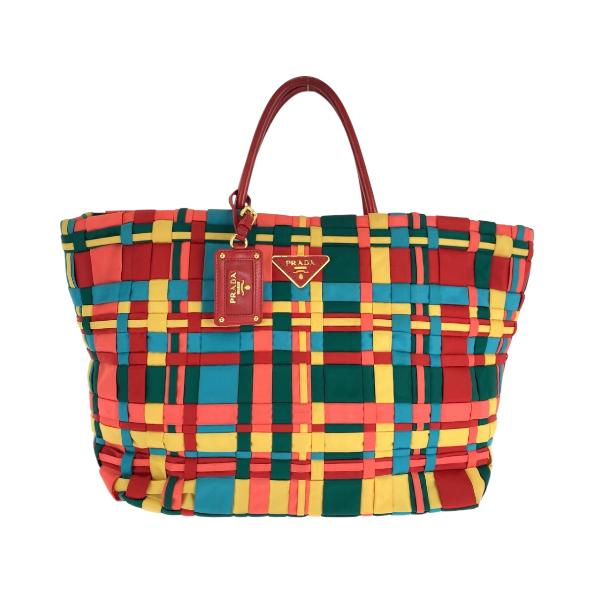 16681
PRADA プラダ テスート 三角ロゴプレート 編み込み マルチカラー ゴールド金具 ナイロン BN1652 トートバッグ ハンドバッグ レディース ABP54