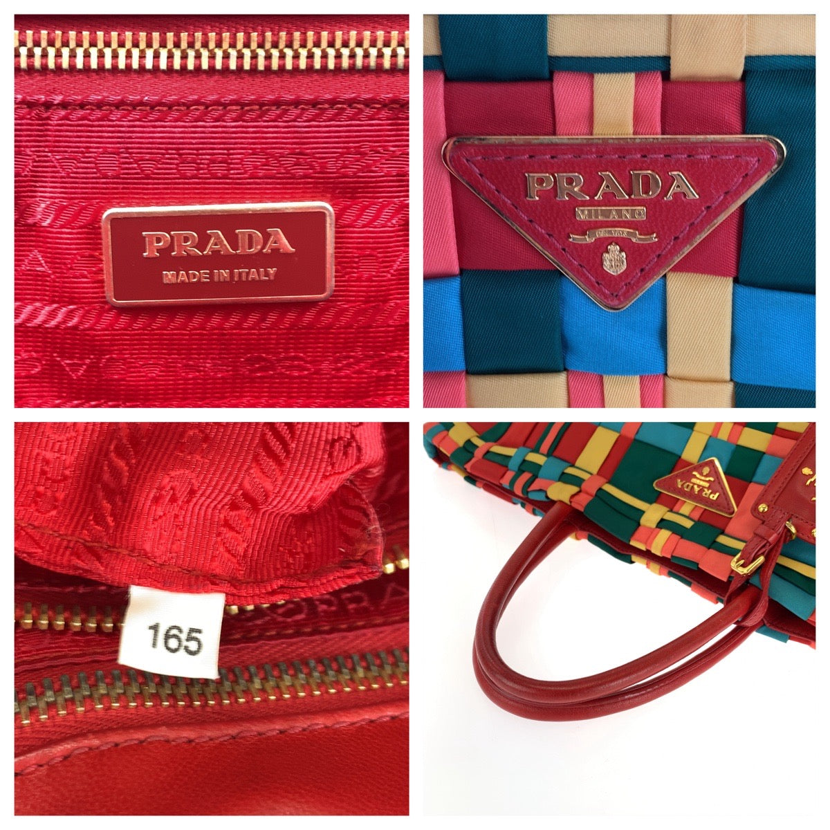 16681
PRADA プラダ テスート 三角ロゴプレート 編み込み マルチカラー ゴールド金具 ナイロン BN1652 トートバッグ ハンドバッグ レディース ABP54