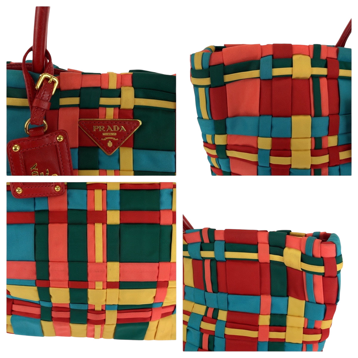 16681
PRADA プラダ テスート 三角ロゴプレート 編み込み マルチカラー ゴールド金具 ナイロン BN1652 トートバッグ ハンドバッグ レディース ABP54