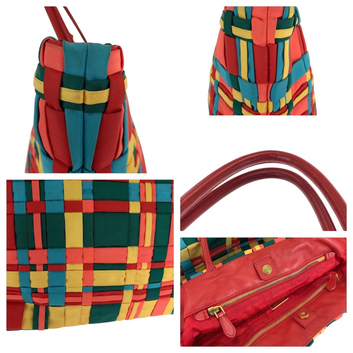 16681
PRADA プラダ テスート 三角ロゴプレート 編み込み マルチカラー ゴールド金具 ナイロン BN1652 トートバッグ ハンドバッグ  レディース ABP54