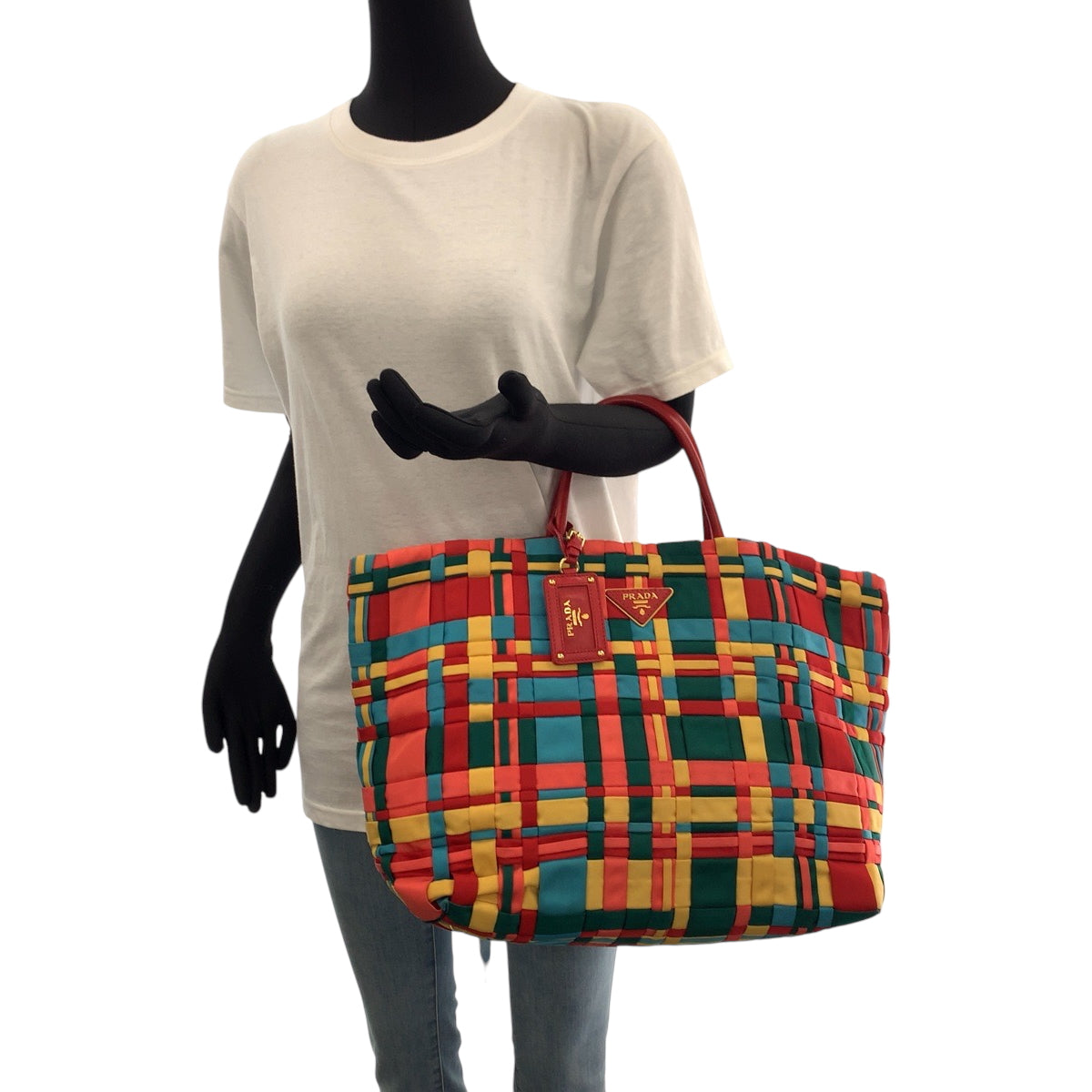 16681
PRADA プラダ テスート 三角ロゴプレート 編み込み マルチカラー ゴールド金具 ナイロン BN1652 トートバッグ ハンドバッグ レディース ABP54