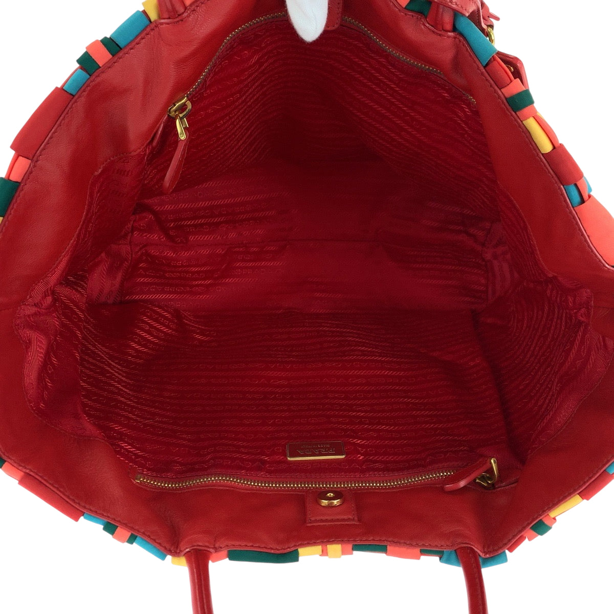 16681
PRADA プラダ テスート 三角ロゴプレート 編み込み マルチカラー ゴールド金具 ナイロン BN1652 トートバッグ ハンドバッグ レディース ABP54