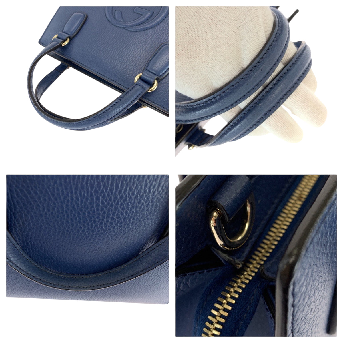 16682
GUCCI グッチ ソーホー ロゴ ブルー ゴールド金具 レザー 607722 ハンドバッグ トートバッグ  レディース A70