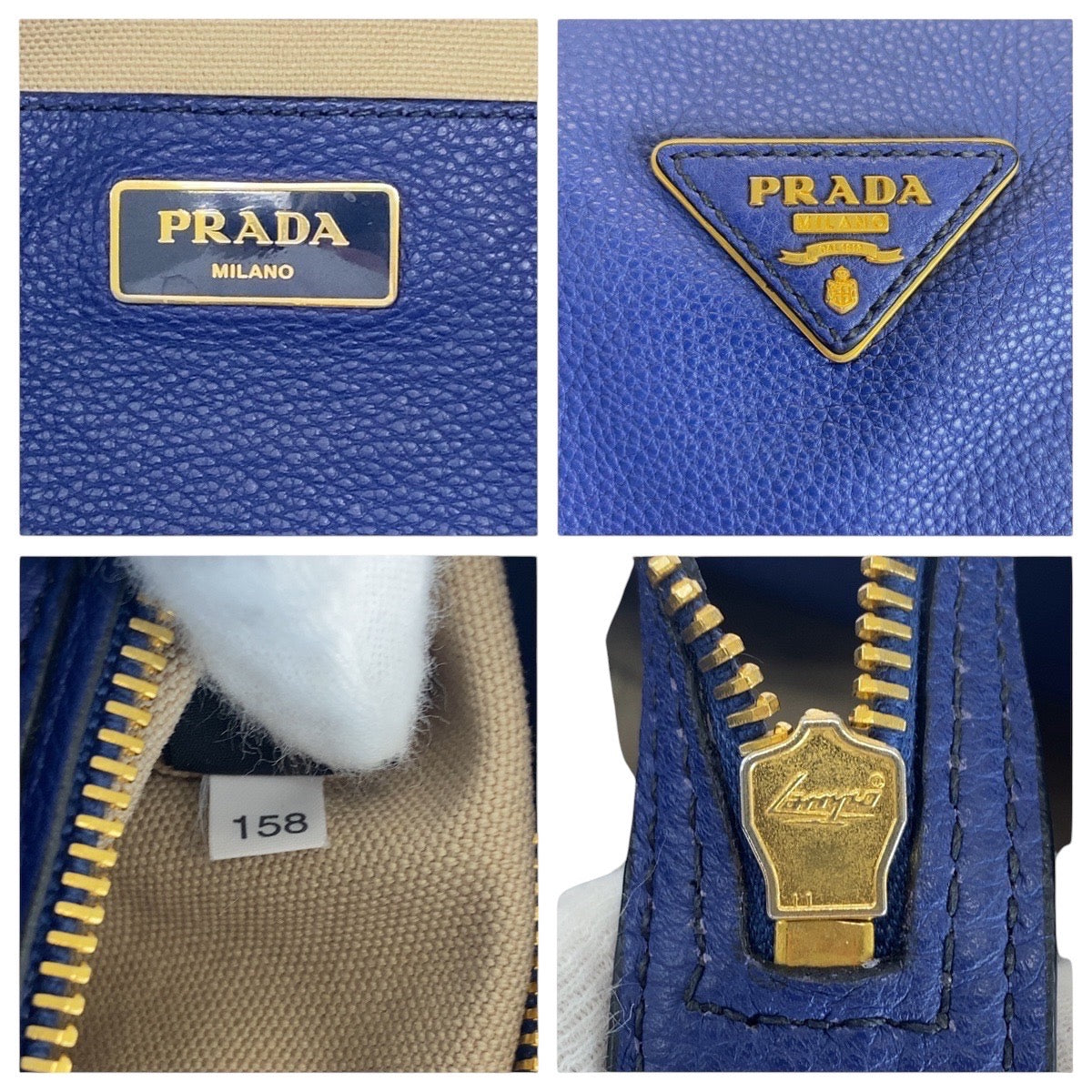 16688
PRADA プラダ ヴィッテログレイン 三角ロゴプレート ブルー ゴールド金具 レザー ハンドバッグ ショルダーバッグ 2way レディース ABP68