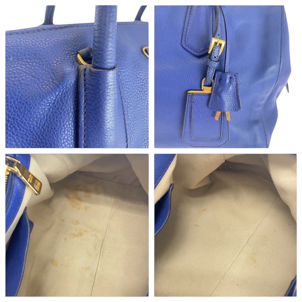 16688
PRADA プラダ ヴィッテログレイン 三角ロゴプレート ブルー ゴールド金具 レザー ハンドバッグ ショルダーバッグ 2way レディース ABP68