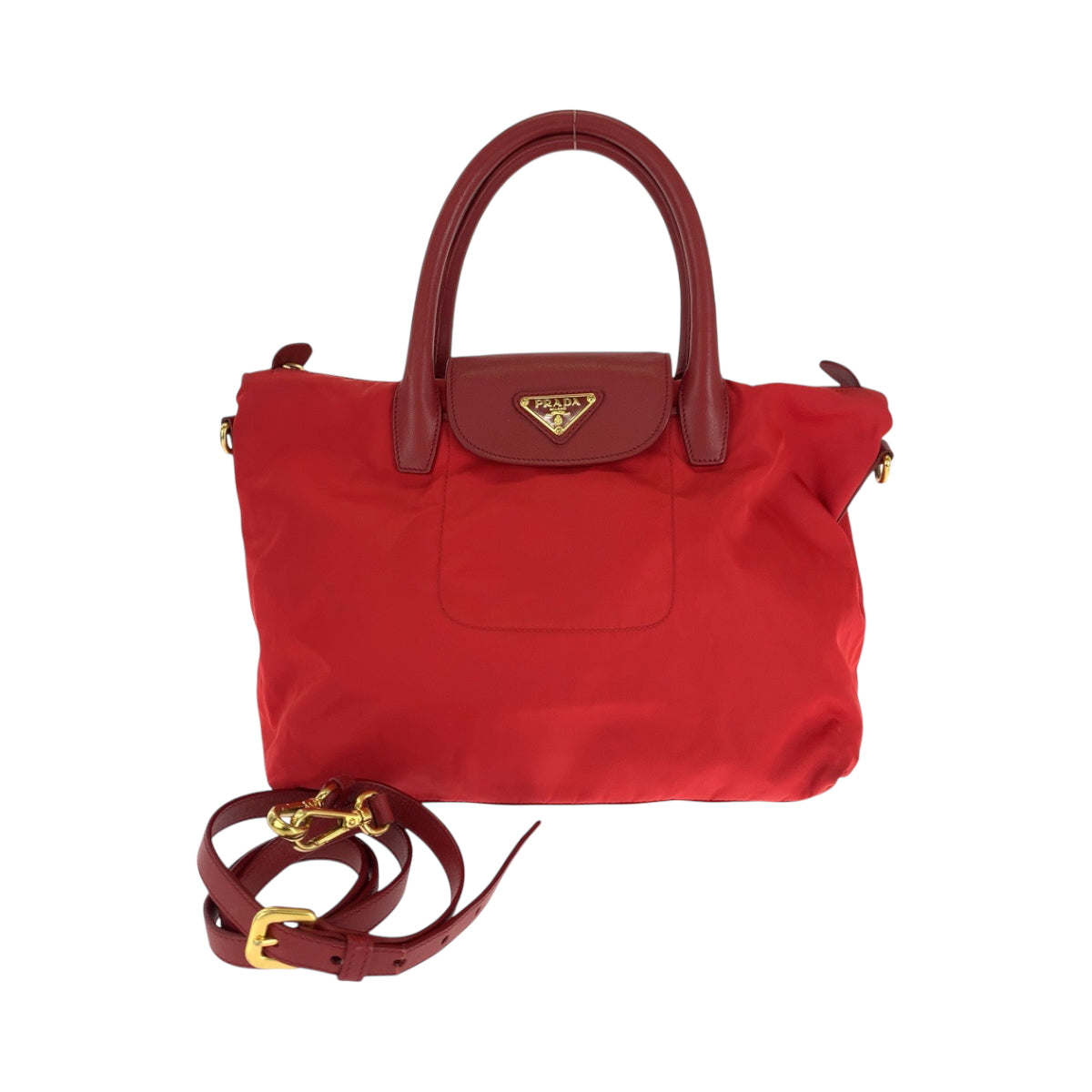 16687
PRADA プラダ テスート 三角ロゴプレート レッド ゴールド金具 ナイロン BN2106 トートバッグ ハンドバッグ レディース ABP44