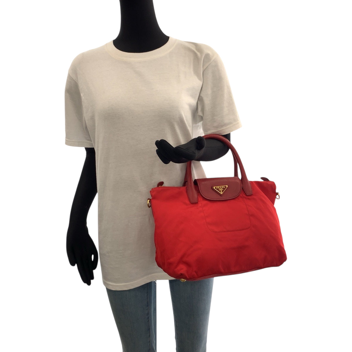 16687
PRADA プラダ テスート 三角ロゴプレート レッド ゴールド金具 ナイロン BN2106 トートバッグ ハンドバッグ レディース ABP44