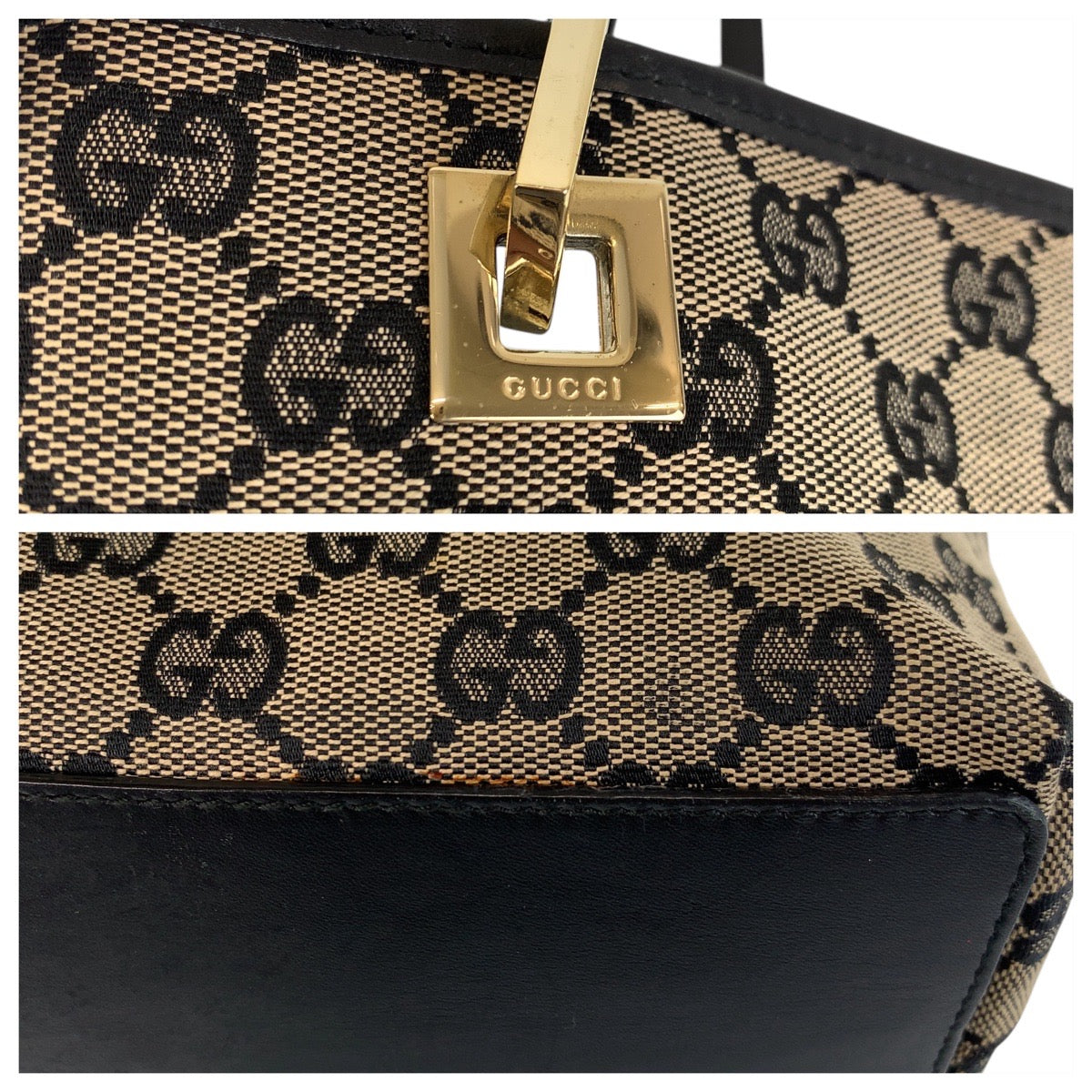 16698
GUCCI グッチ ベージュ ブラック 黒 ゴールド金具 GGキャンバス / レザー 002 1098 トートバッグ ショルダーバッグ  レディース ABP30