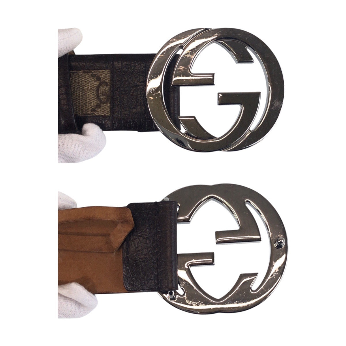 16699
GUCCI グッチ インターロッキング 80cm/32インチ ブラウン シルバー金具 GGスプリームキャンバス / レザー 142930 ベルト 男女兼用  メンズ ABP26