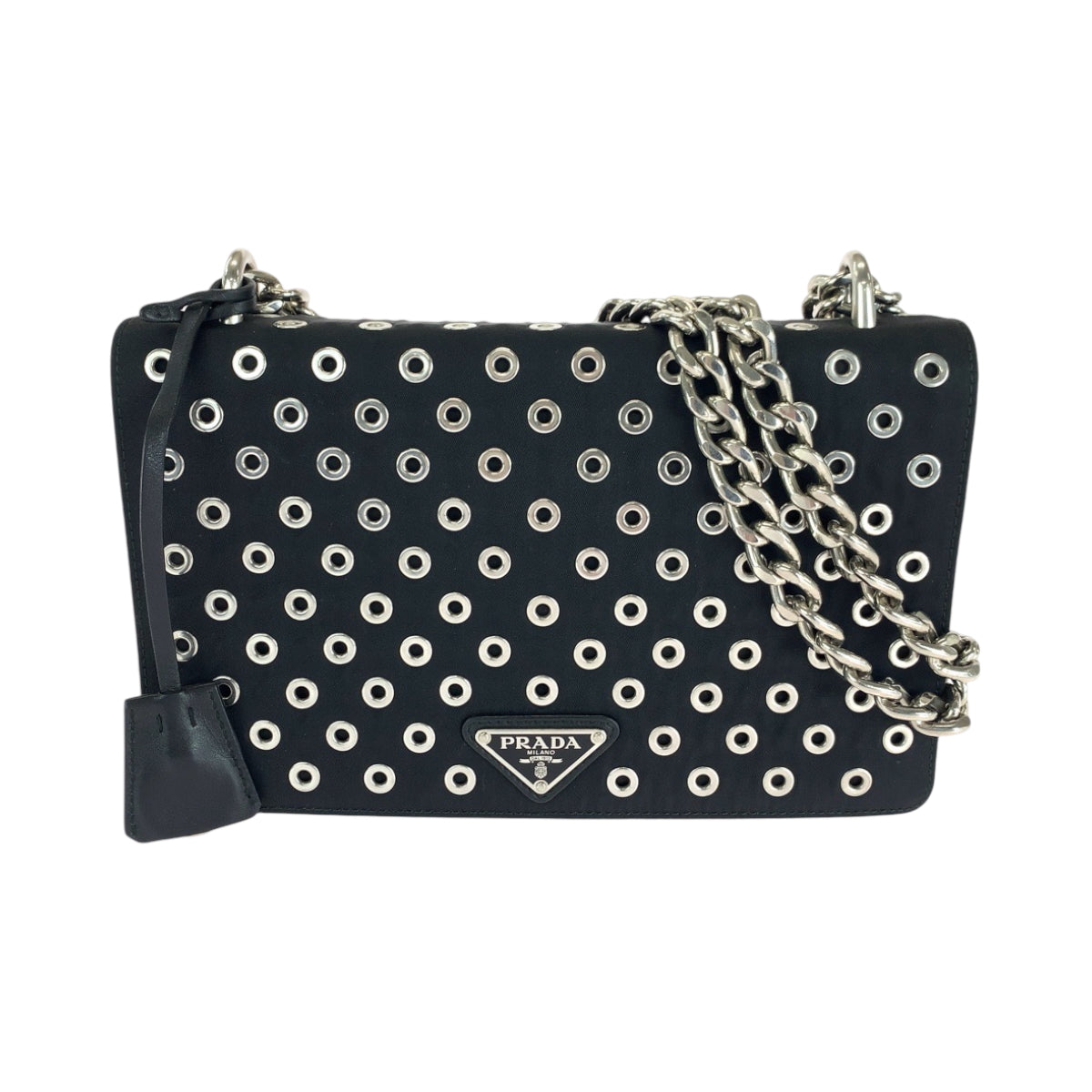 16701
PRADA プラダ テスート 三角ロゴプレート グロメット ブラック 黒 シルバー金具 ナイロン / カーフ 1BD010 ハトメ チェーンショルダーバッグ  レディース