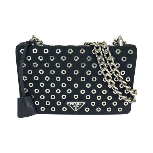 16701
PRADA プラダ テスート 三角ロゴプレート グロメット ブラック 黒 シルバー金具 ナイロン / カーフ 1BD010 ハトメ チェーンショルダーバッグ  レディース