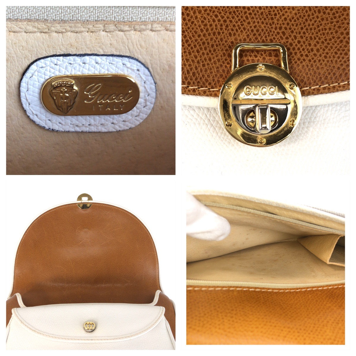 16709
GUCCI グッチ ヴィンテージ オールドグッチ ブラウン ホワイト ゴールド金具 レザー ショルダーバッグ メッセンジャーバッグ  レディース