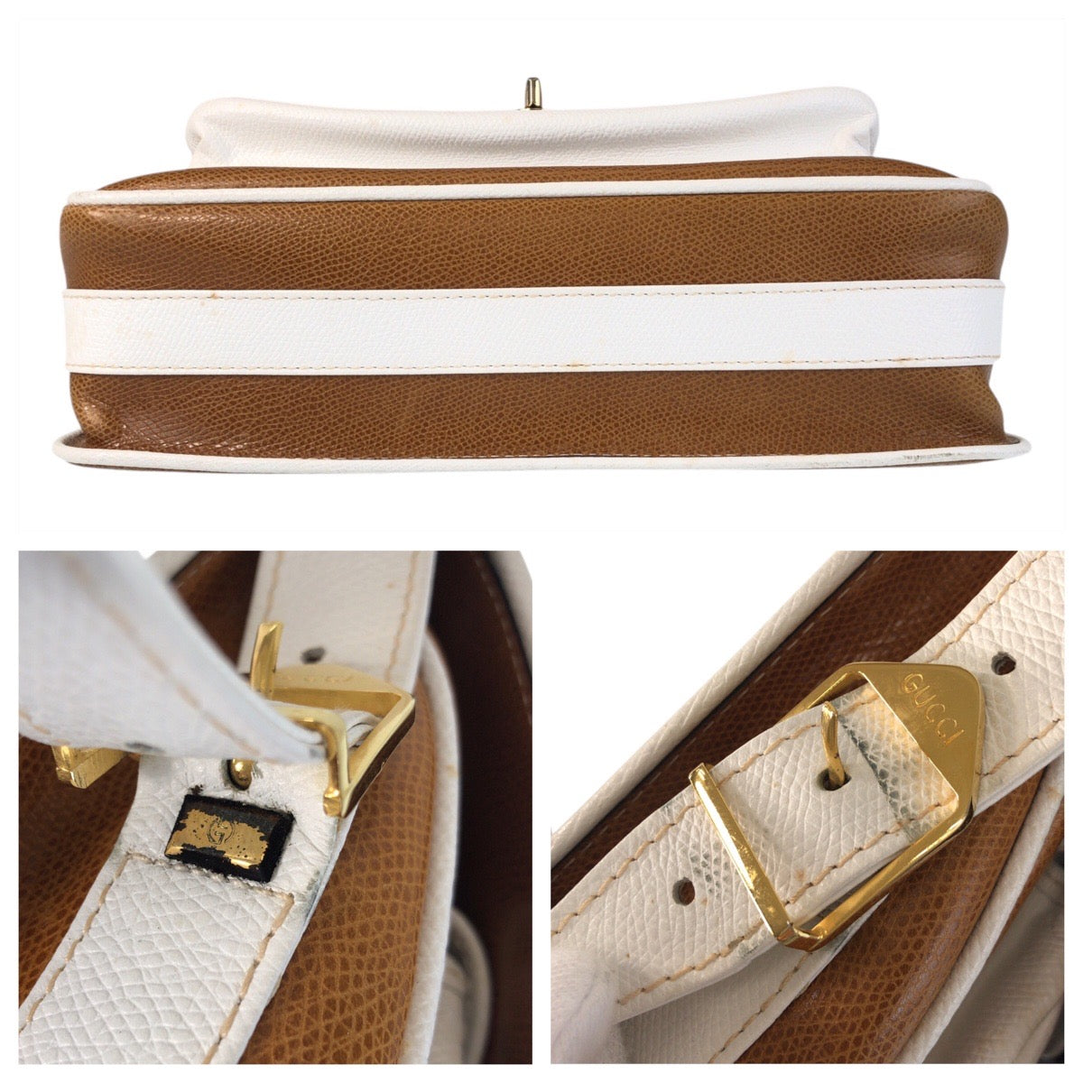 16709
GUCCI グッチ ヴィンテージ オールドグッチ ブラウン ホワイト ゴールド金具 レザー ショルダーバッグ メッセンジャーバッグ  レディース