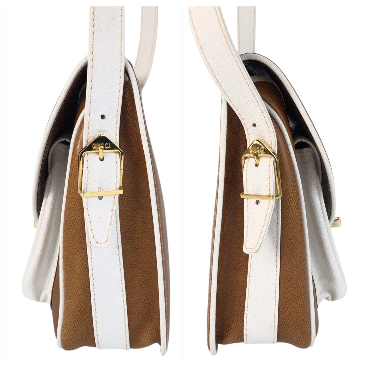 16709
GUCCI グッチ ヴィンテージ オールドグッチ ブラウン ホワイト ゴールド金具 レザー ショルダーバッグ メッセンジャーバッグ  レディース