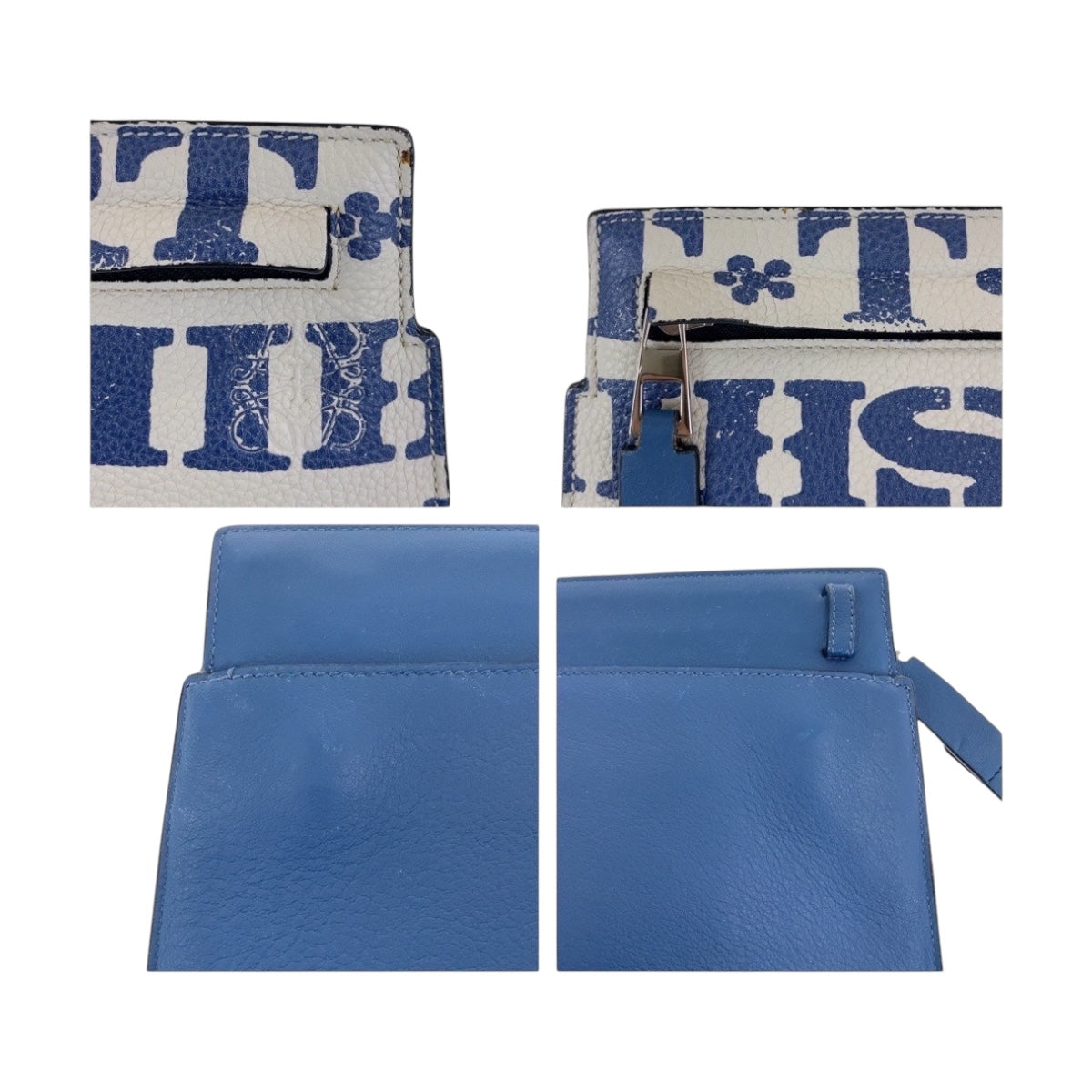 16711
LOEWE ロエベ Tポーチ ブルー ホワイト シルバー金具 レザー クラッチバッグ セカンドバッグ  レディース AB33