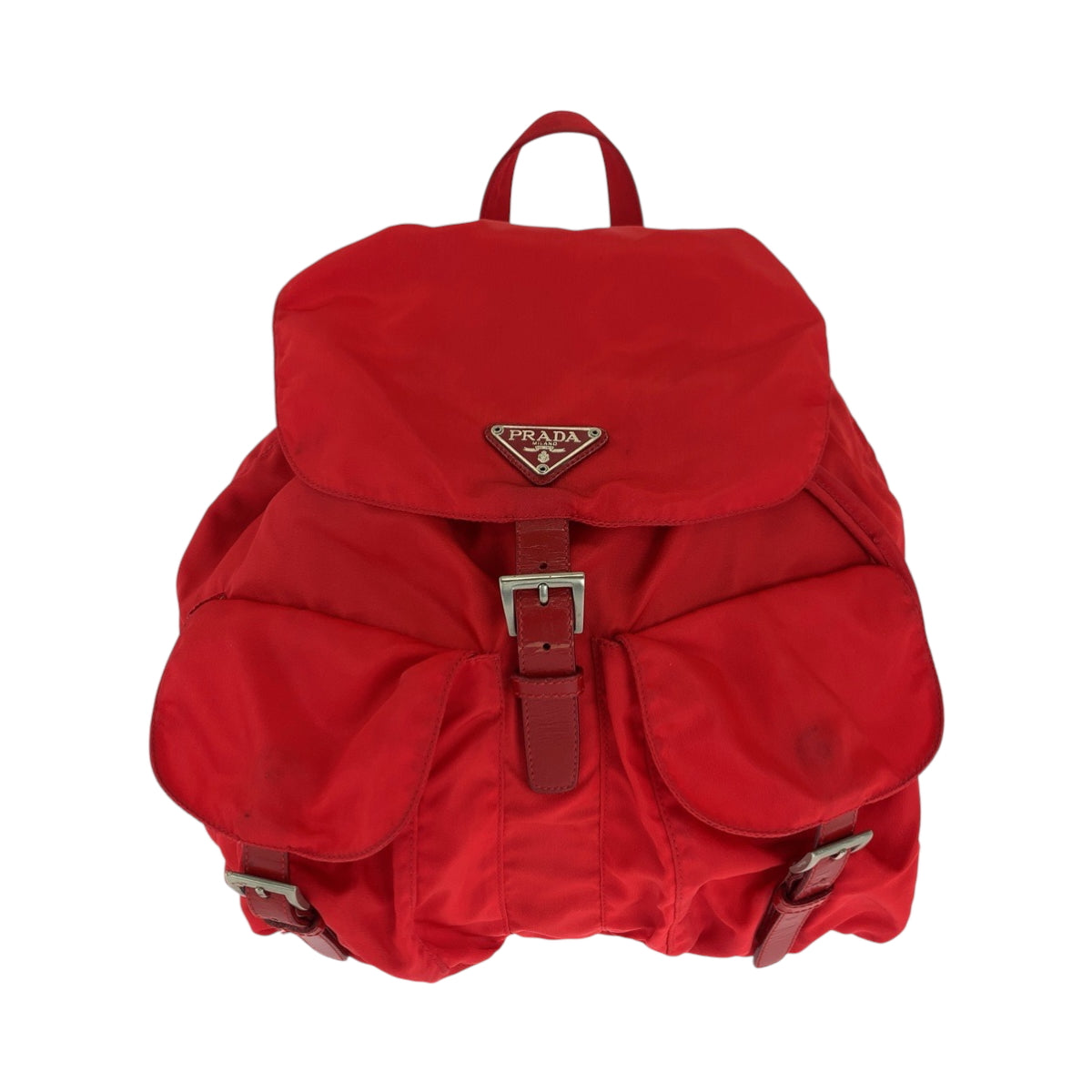 16714
PRADA プラダ テスート 三角ロゴプレート レッド シルバー金具 ナイロン リュックサック バックパック  レディース