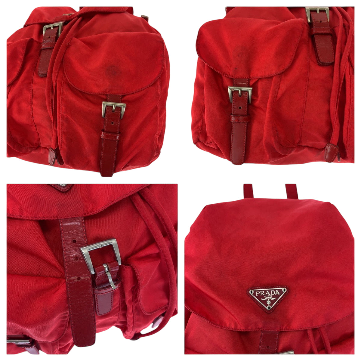 16714
PRADA プラダ テスート 三角ロゴプレート レッド シルバー金具 ナイロン リュックサック バックパック  レディース