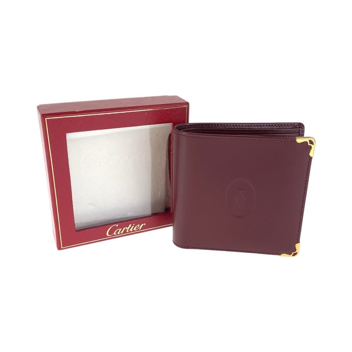 16725
CARTIER カルティエ マストライン ワインレッド ボルドー ゴールド金具 レザー 折財布 コンパクトウォレット 男女兼用  レディース
