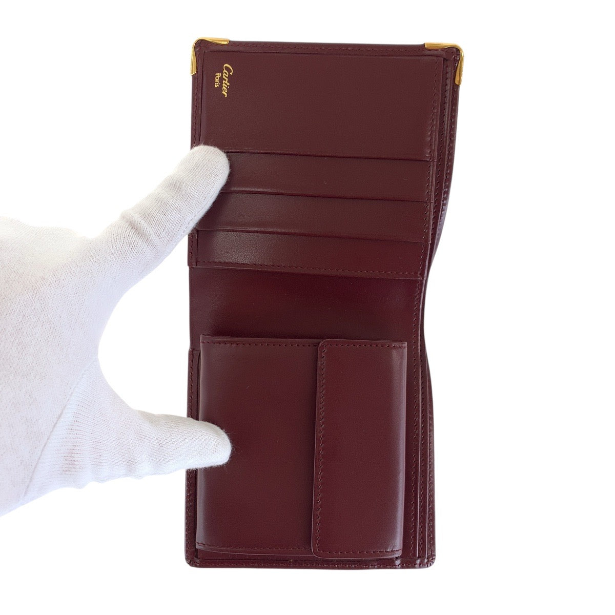 16725
CARTIER カルティエ マストライン ワインレッド ボルドー ゴールド金具 レザー 折財布 コンパクトウォレット 男女兼用  レディース