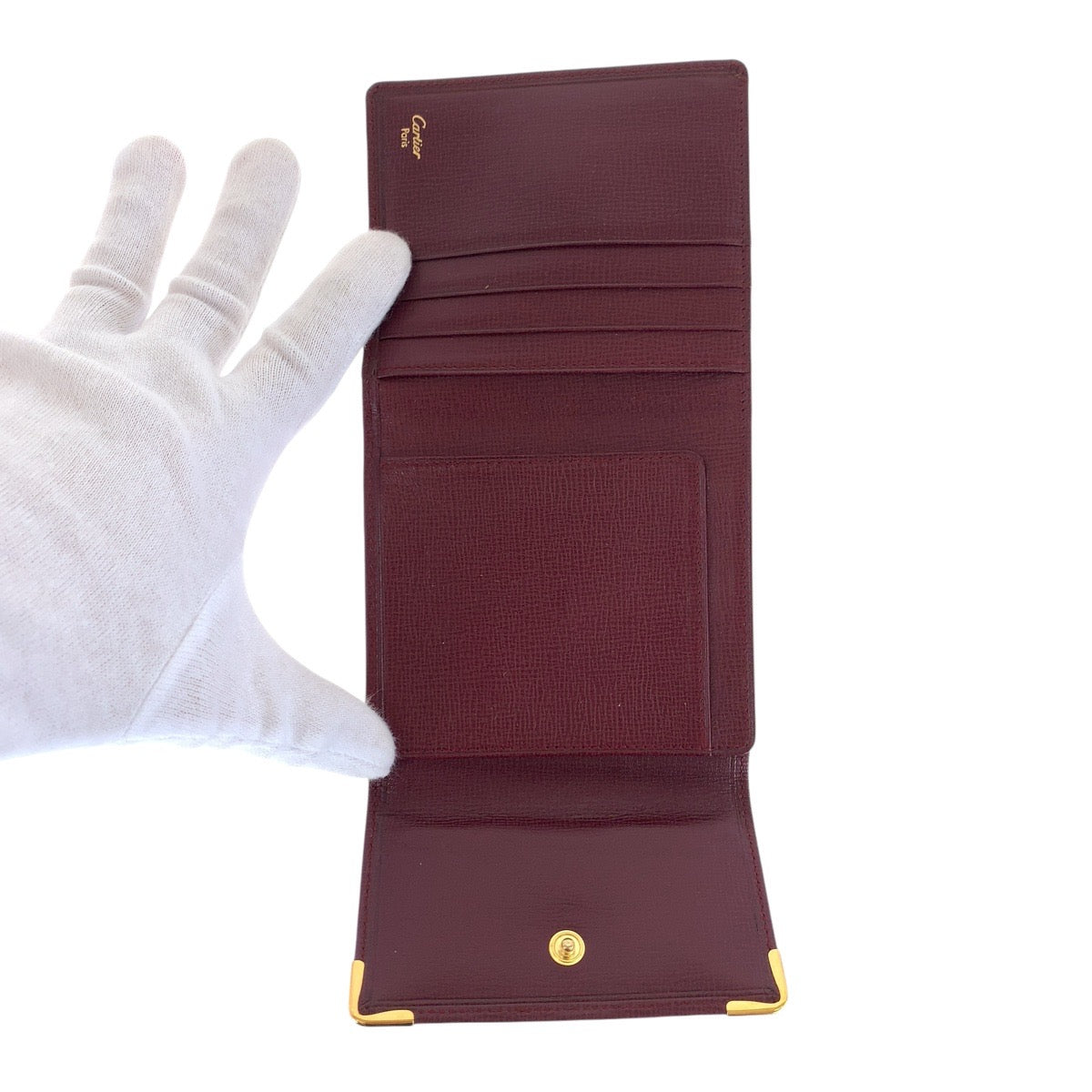 16726
CARTIER カルティエ マストライン ワインレッド ボルドー ゴールド金具 レザー 折財布 コンパクトウォレット 男女兼用  レディース A34