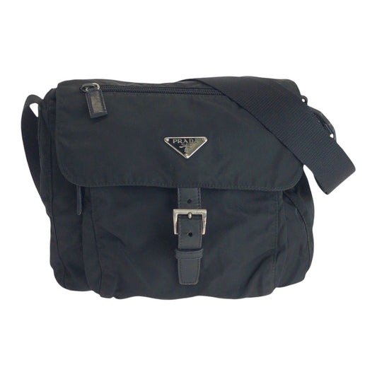 16730
PRADA プラダ テスート 三角ロゴプレート ブラック 黒 シルバー金具 ナイロン / レザー ショルダーバッグ ポシェット レディース AB32