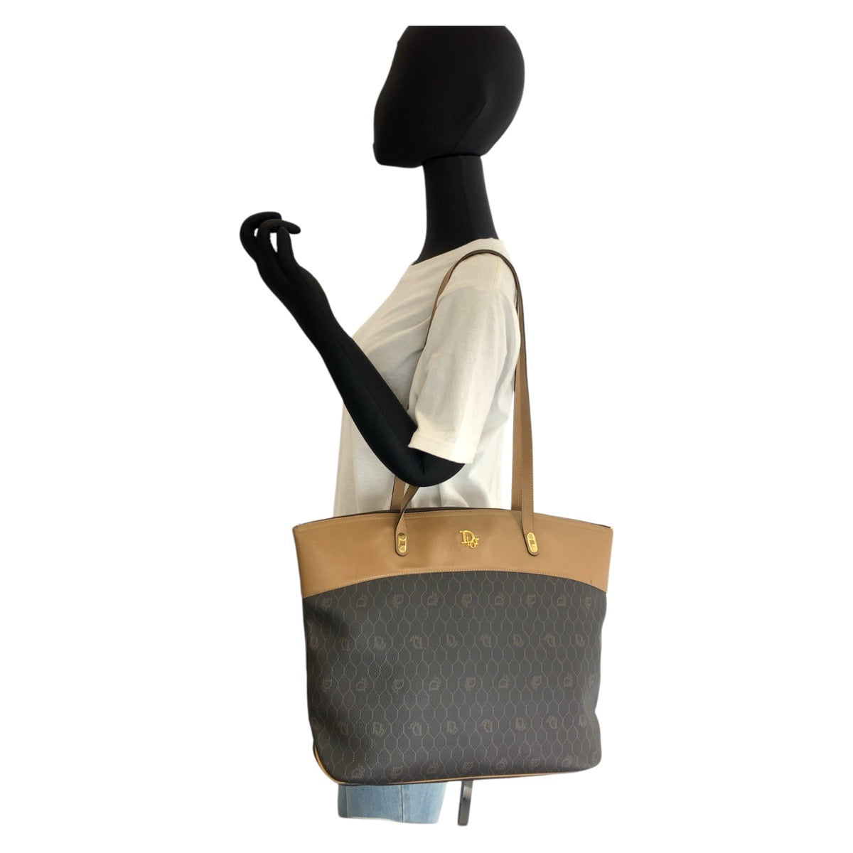 16736
Christian Dior クリスチャンディオール ヴィンテージ ハニカム ブラウン キャメル ゴールド金具 PVC / レザー トートバッグ ショルダーバッグ  レディース AB35