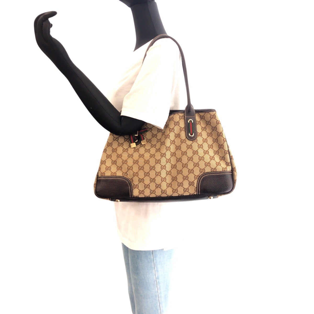 16740
GUCCI グッチ シェリーライン ベージュ ブラウン ゴールド金具 GGキャンバス / レザー トートバッグ ショルダーバッグ  レディース AB40
