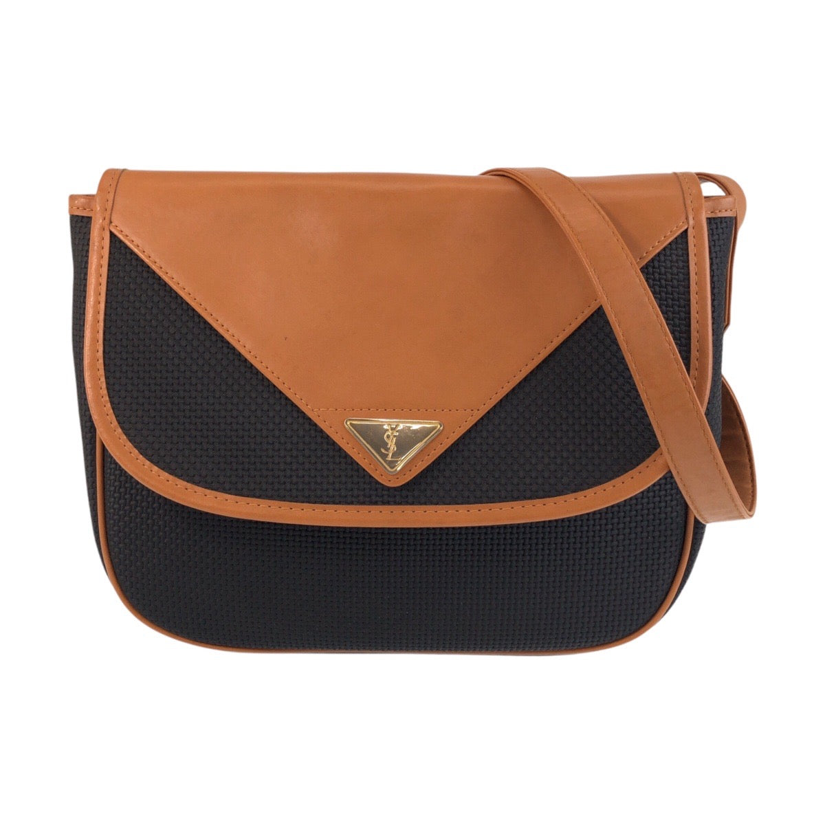 16754
YVES SAINT LAURENT イヴ サンローラン YSL ブラック 黒 ブラウン ゴールド金具 PVC / レザー ショルダーバッグ ポシェット  レディース
