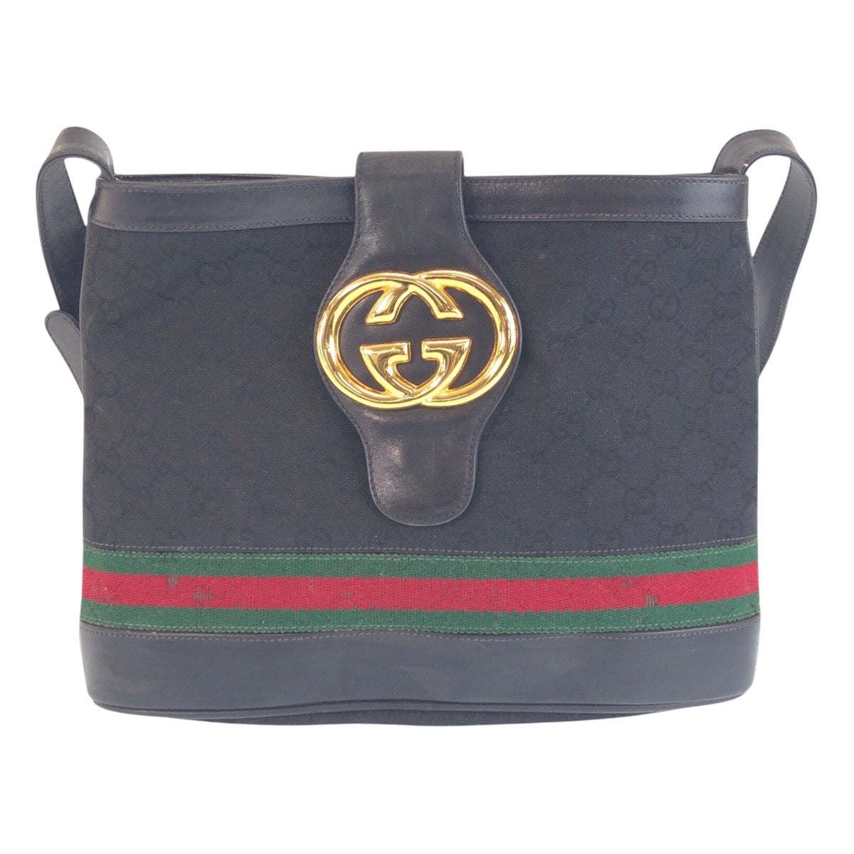 16760
GUCCI グッチ ヴィンテージ オールドグッチ シェリーライン インターロッキング ブラック 黒 ゴールド金具 GGキャンバス / レザー ショルダーバッグ  レディース AB40