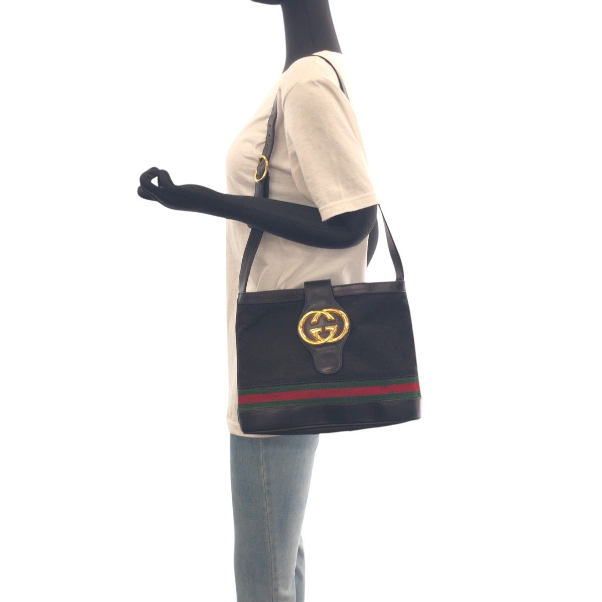 16760
GUCCI グッチ ヴィンテージ オールドグッチ シェリーライン インターロッキング ブラック 黒 ゴールド金具 GGキャンバス / レザー ショルダーバッグ レディース AB40