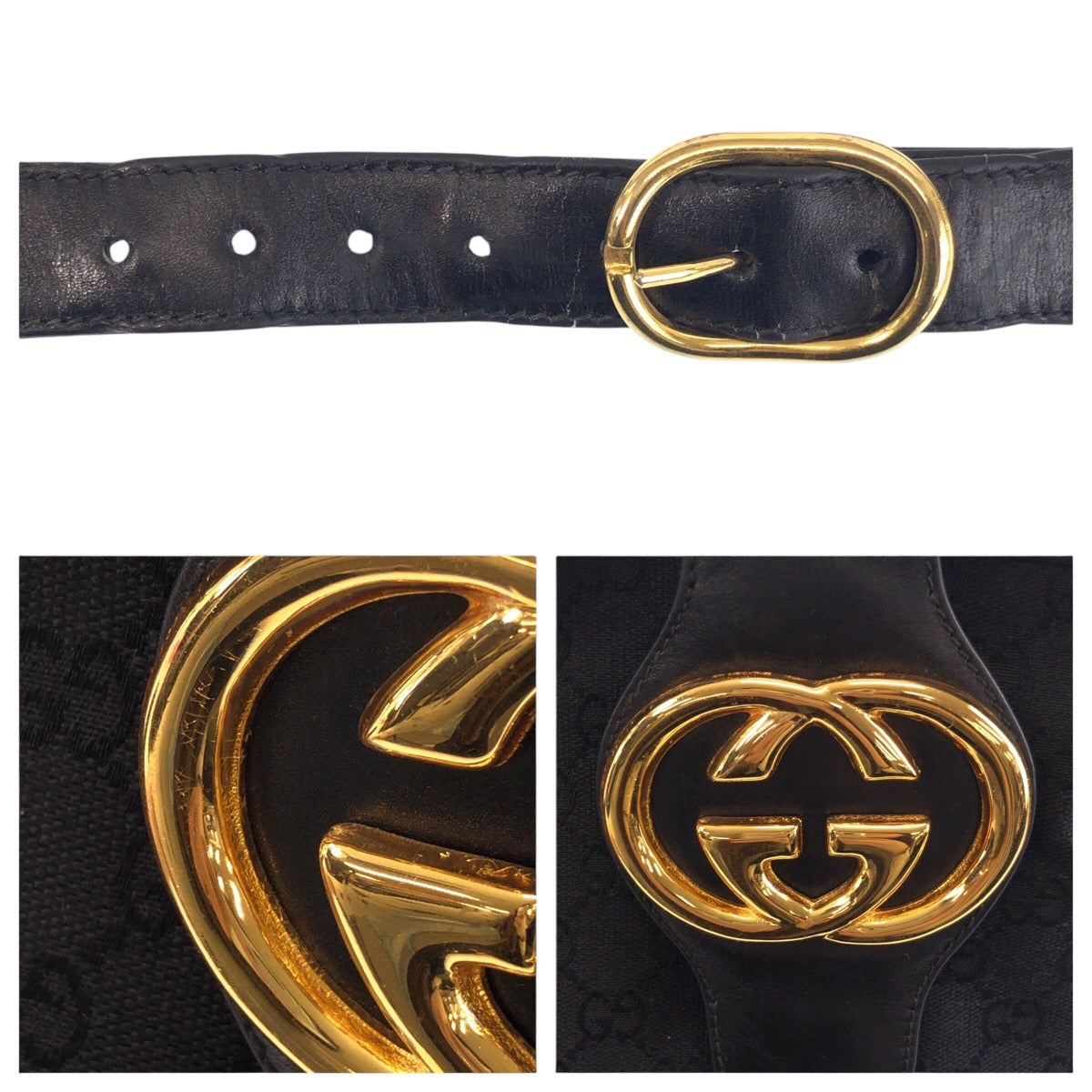 16760
GUCCI グッチ ヴィンテージ オールドグッチ シェリーライン インターロッキング ブラック 黒 ゴールド金具 GGキャンバス / レザー ショルダーバッグ  レディース AB40