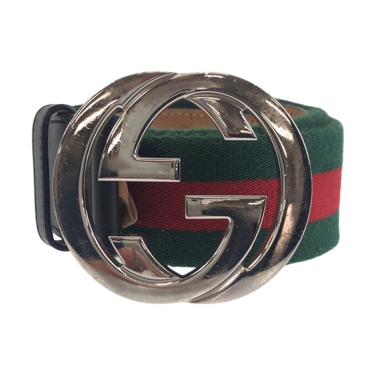 16765
GUCCI グッチ シェリーライン インターロッキング 85cm/34インチ グリーン ブラック シルバー金具 キャンバス / レザー 411924 ベルト 男女兼用  メンズ ABP32