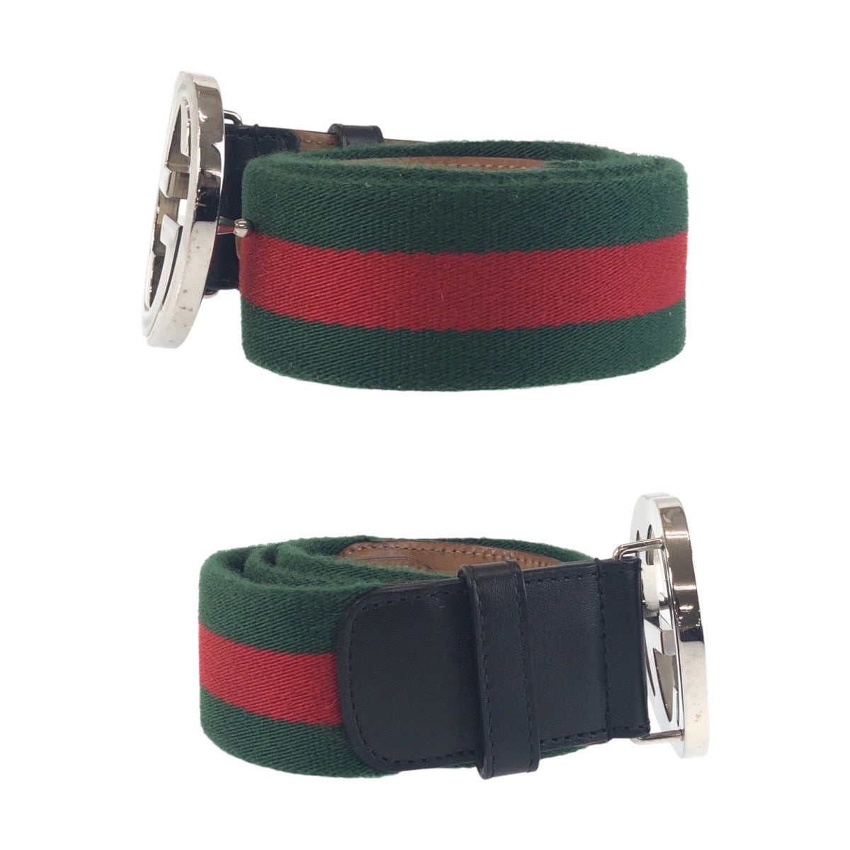 16765
GUCCI グッチ シェリーライン インターロッキング 85cm/34インチ グリーン ブラック シルバー金具 キャンバス / レザー 411924 ベルト 男女兼用  メンズ ABP32