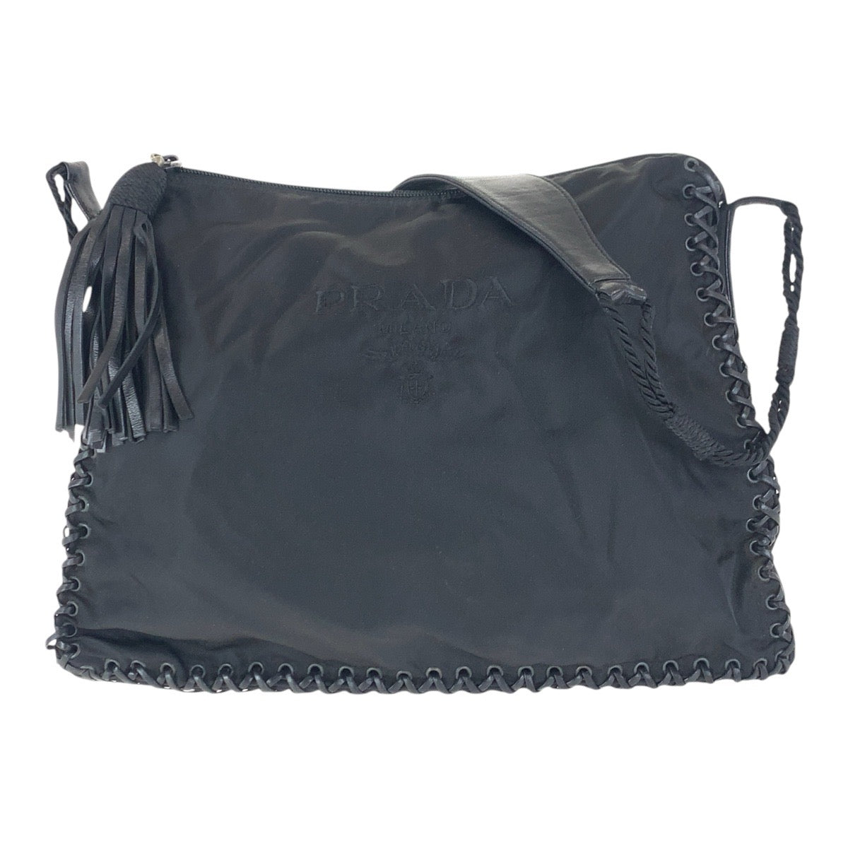 16773
PRADA プラダ ブラック 黒 ナイロン / レザー 斜め掛け ショルダーバッグ フリンジ  レディース AB40