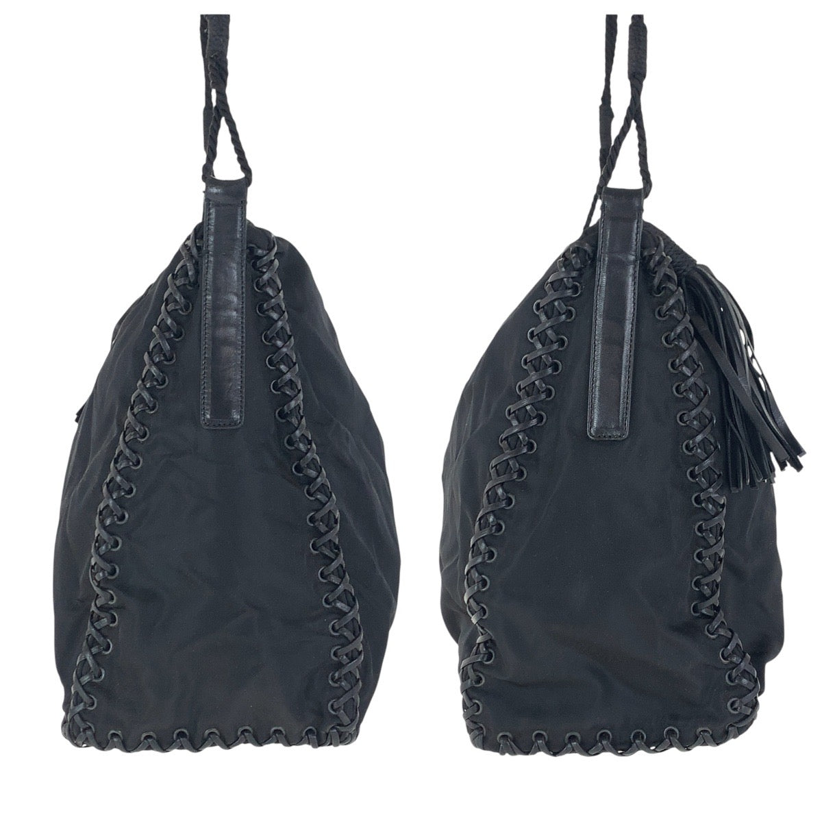 16773
PRADA プラダ ブラック 黒 ナイロン / レザー 斜め掛け ショルダーバッグ フリンジ  レディース AB40