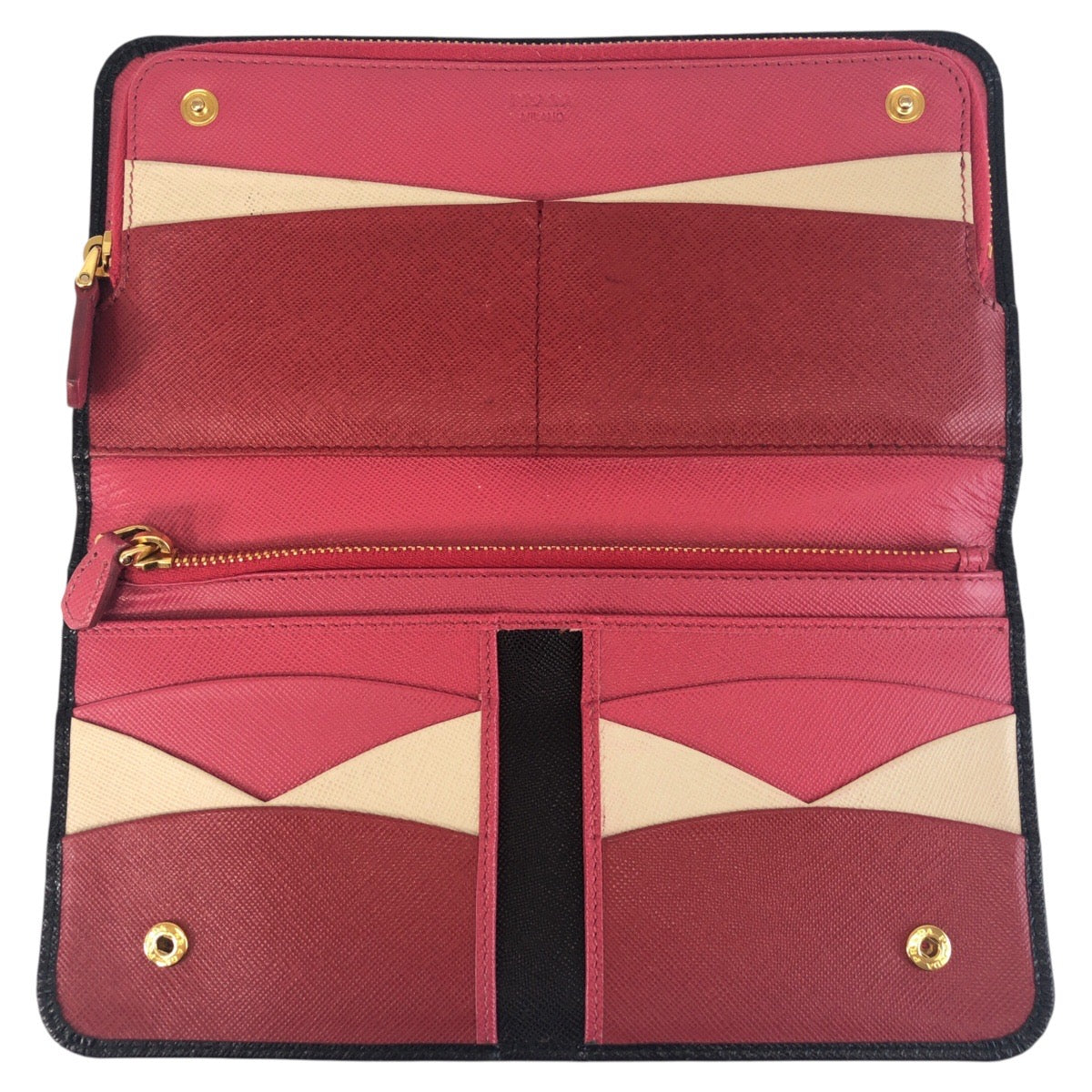 16778
PRADA プラダ サフィアーノ ブラック 黒 ピンク ゴールド金具 レザー 長財布 ラウンドファスナー ジップ ロングウォレット レディース ABP32
