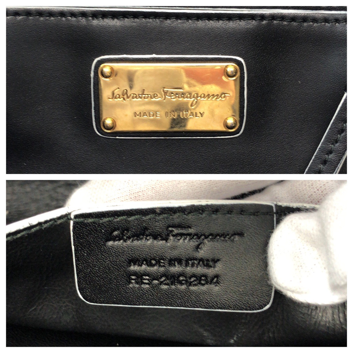 16822
Salvatore Ferragamo サルヴァトーレフェラガモ ボニーレタリングロゴ ブラック 黒 ホワイト シルバー金具 レザー 21 G284 トートバッグ ハンドバッグ  レディース