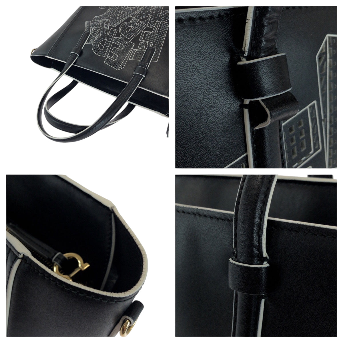 16822
Salvatore Ferragamo サルヴァトーレフェラガモ ボニーレタリングロゴ ブラック 黒 ホワイト シルバー金具 レザー 21 G284 トートバッグ ハンドバッグ  レディース