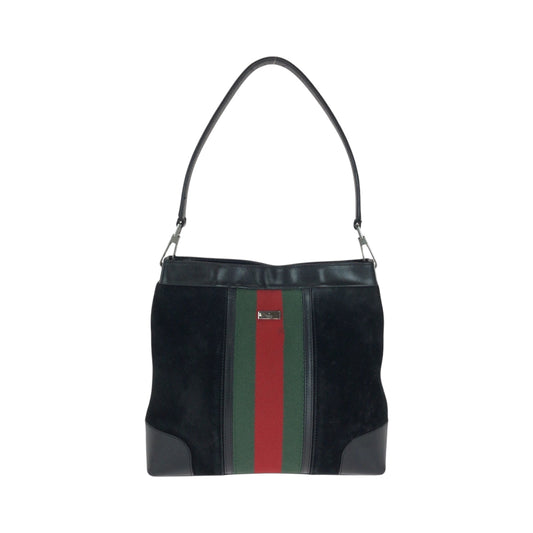 16824
GUCCI グッチ シェリーライン ブラック 黒 グリーン レッド シルバー金具 スウェード / レザー 33900 ワンショルダーバッグ  レディース AB32