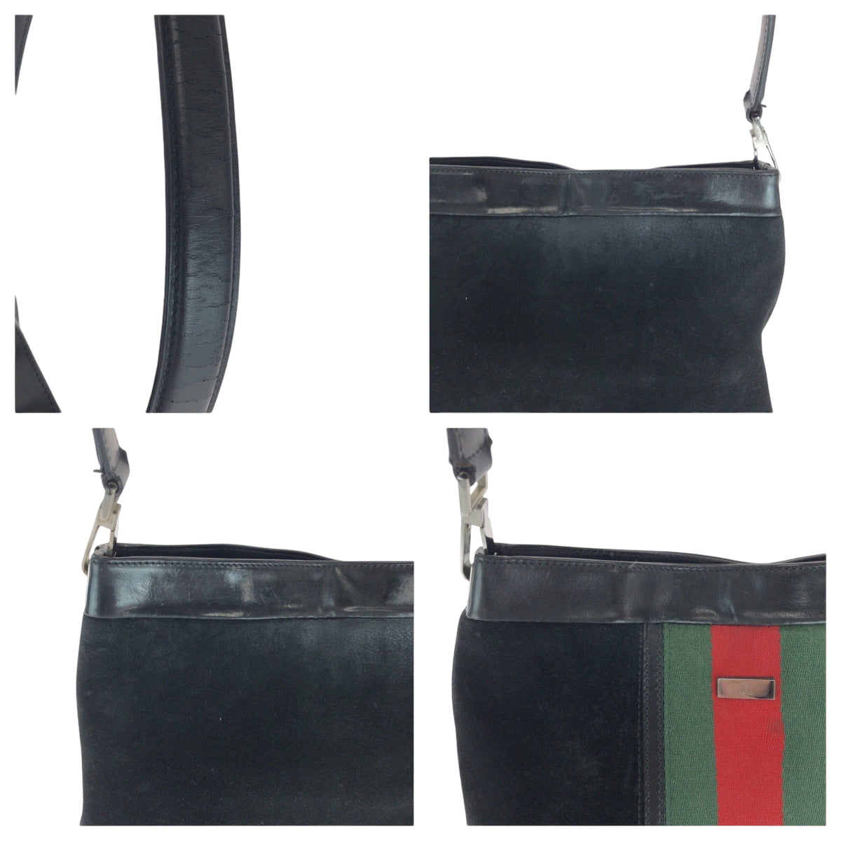 16824
GUCCI グッチ シェリーライン ブラック 黒 グリーン レッド シルバー金具 スウェード / レザー 33900 ワンショルダーバッグ  レディース AB32
