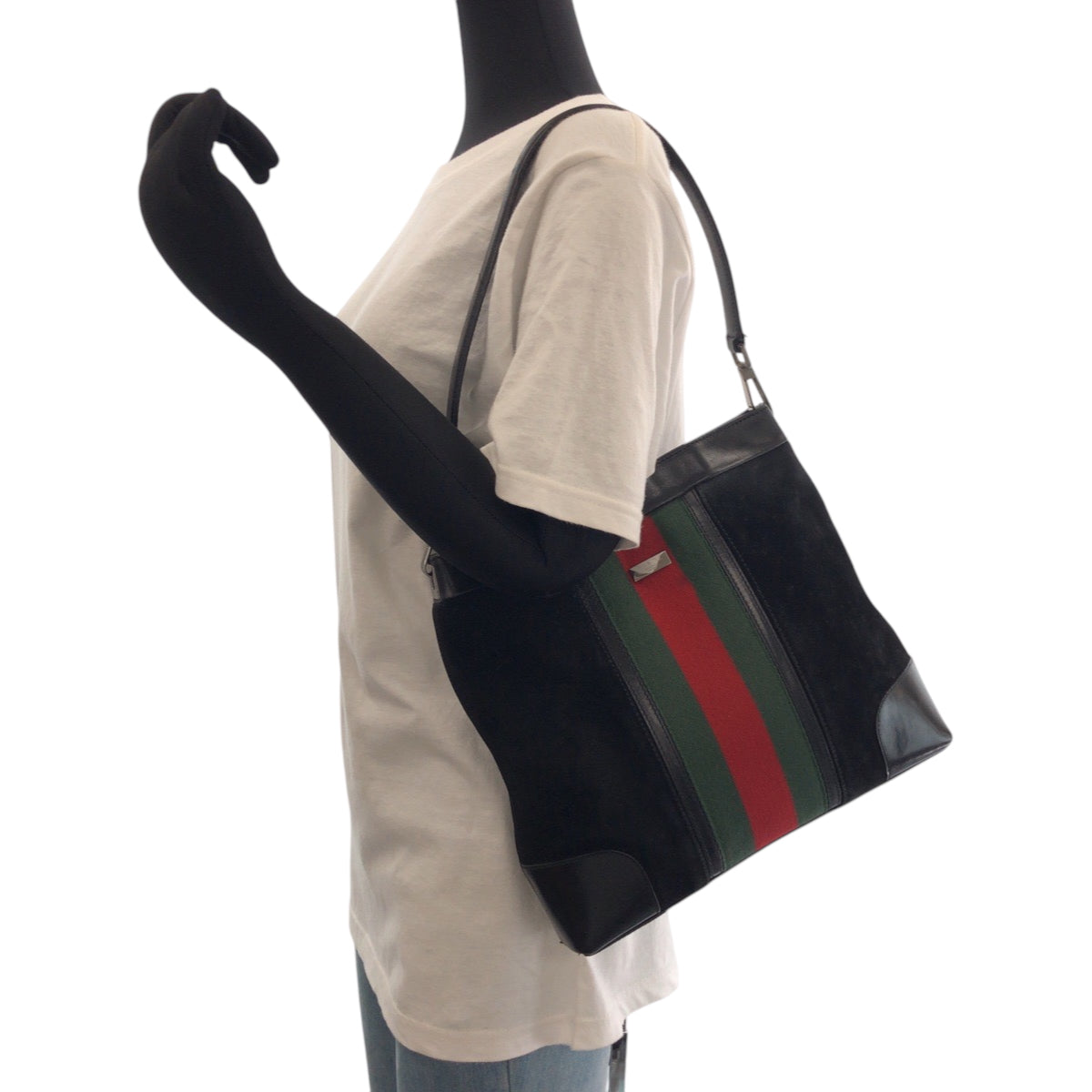 16824
GUCCI グッチ シェリーライン ブラック 黒 グリーン レッド シルバー金具 スウェード / レザー 33900 ワンショルダーバッグ  レディース AB32