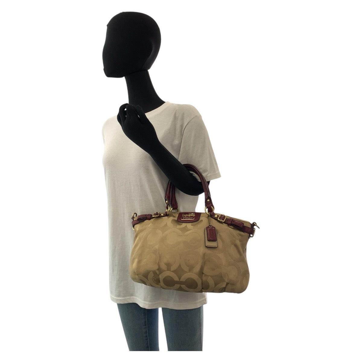16826
COACH コーチ オプアート ベージュ ボルドー ゴールド金具 キャンバス / レザー 18650 トートバッグ ショルダーバッグ 2way  レディース AB5