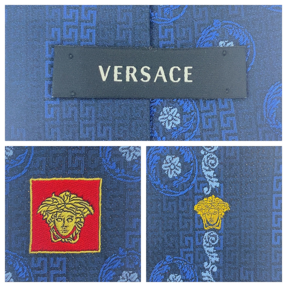 16828
VERSACE ヴェルサーチ ネイビー ブルー シルク ネクタイ  メンズ A5