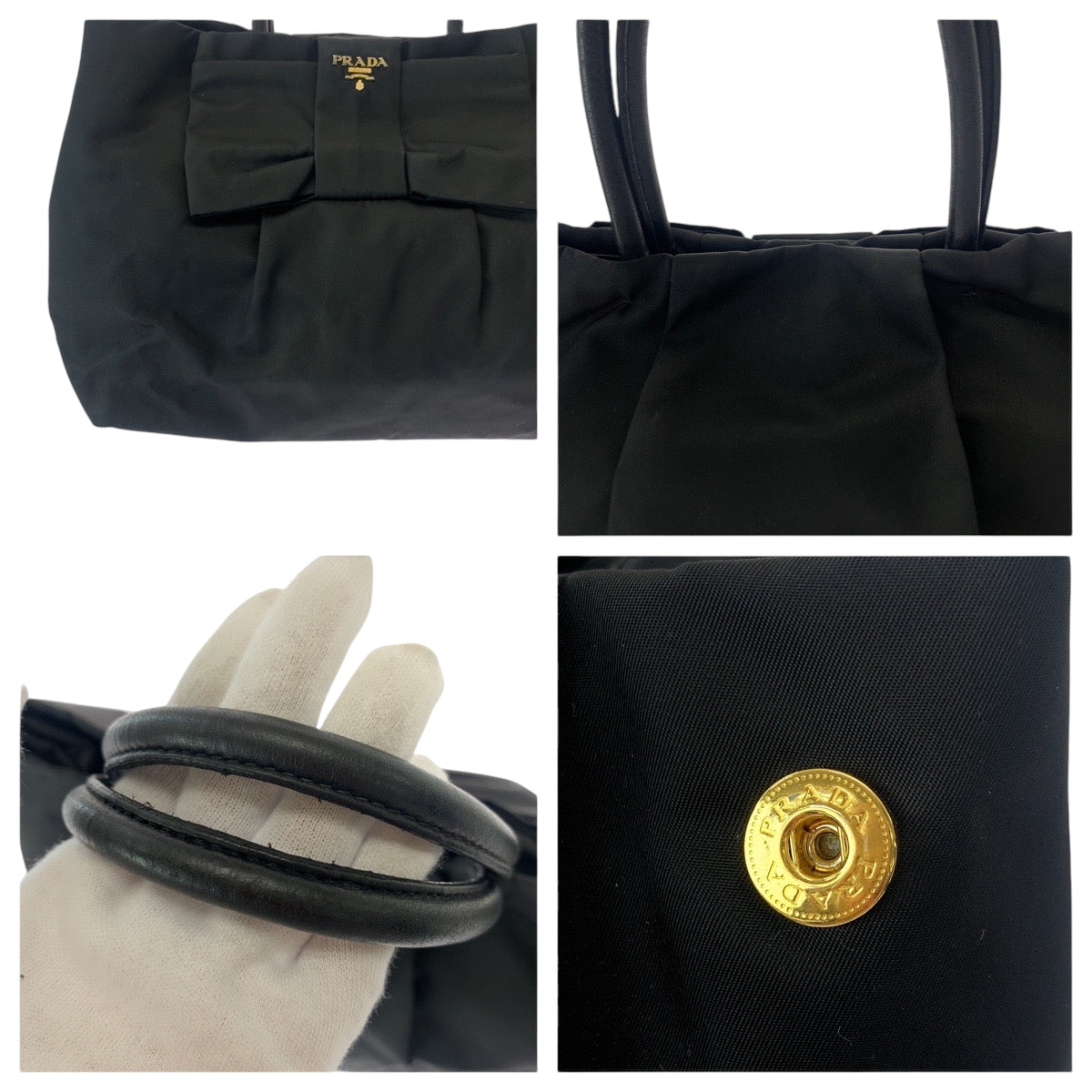 16839
PRADA プラダ テスート ロゴ リボン ブラック 黒 ゴールド金具 ナイロン BN1601 トートバッグ ハンドバッグ  レディース AB39