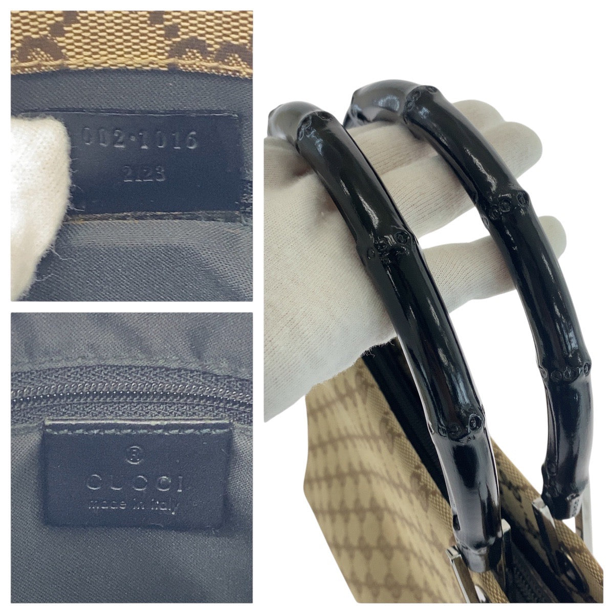 16868
GUCCI グッチ バンブー ベージュ ブラック シルバー金具 GGキャンバス 002 1016 トートバッグ ハンドバッグ レディース ABP44