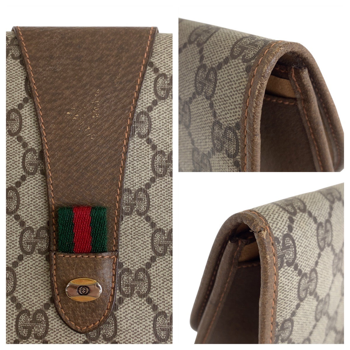 16881
GUCCI グッチ ヴィンテージ シェリーライン オールドグッチ ベージュ ブラウン ゴールド金具 GGスプリームキャンバス / レザー 89 01 031 クラッチバッグ  レディース AB16