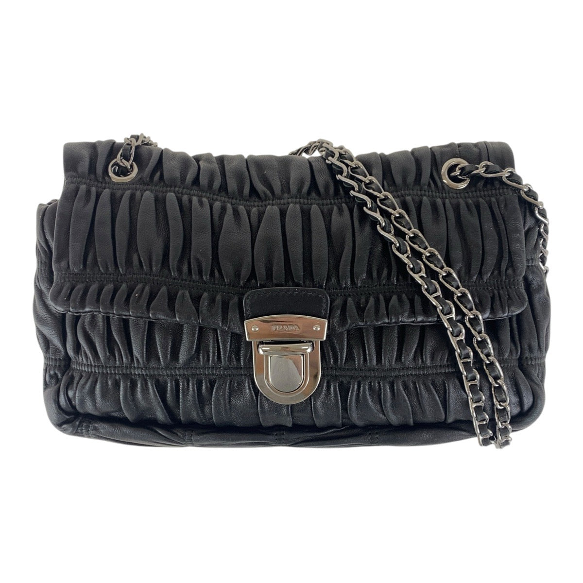 16887
PRADA プラダ ブラック 黒 シルバー金具 レザー 斜め掛け チェーン ショルダーバッグ ギャザー  レディース AB45