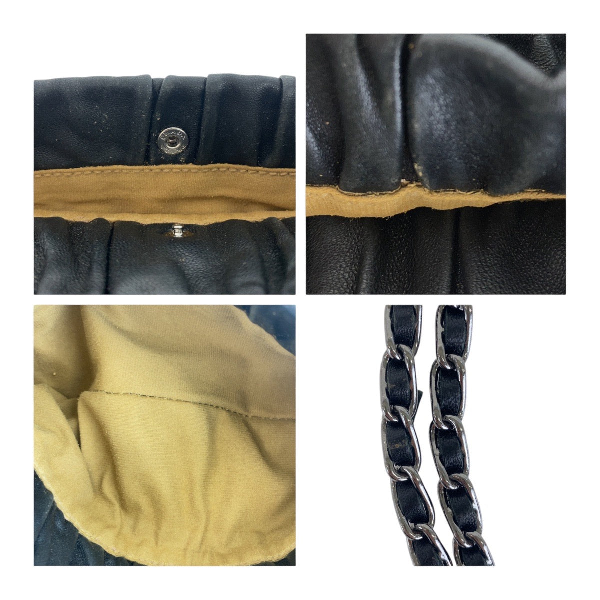 16887
PRADA プラダ ブラック 黒 シルバー金具 レザー 斜め掛け チェーン ショルダーバッグ ギャザー  レディース AB45