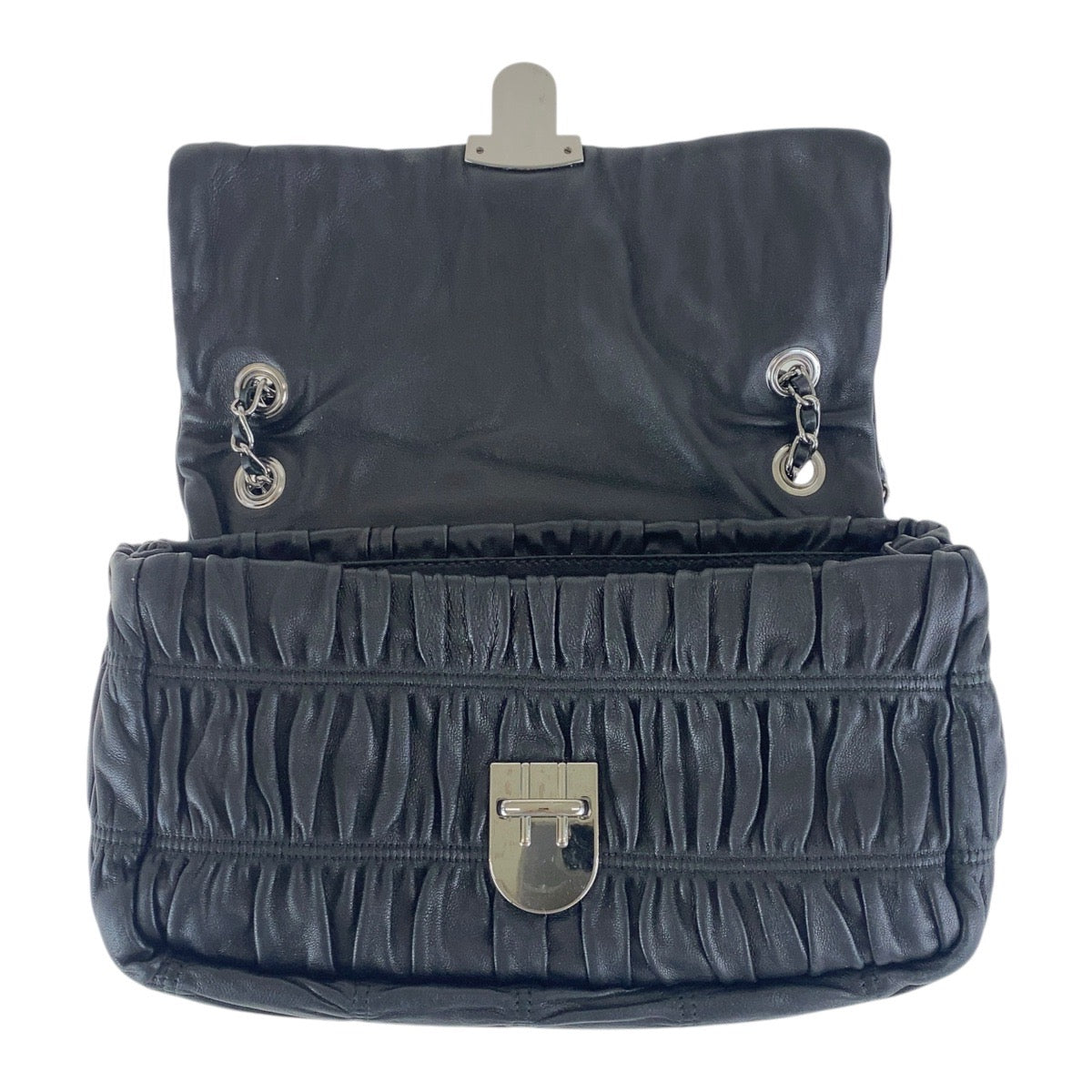 16887
PRADA プラダ ブラック 黒 シルバー金具 レザー 斜め掛け チェーン ショルダーバッグ ギャザー  レディース AB45