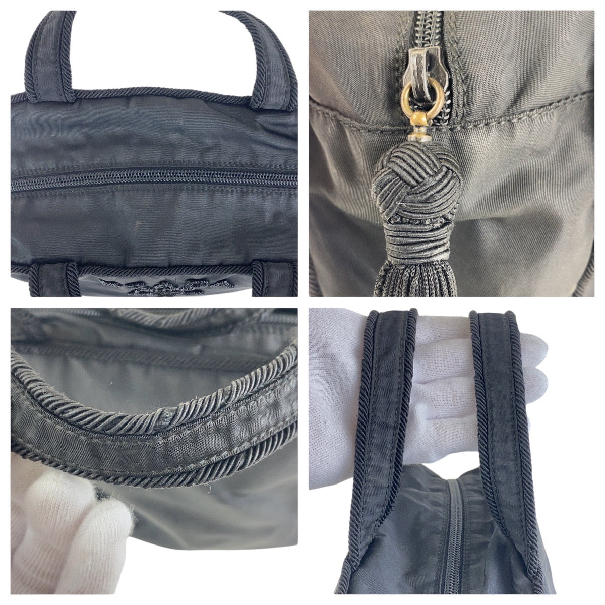 16898
PRADA プラダ ヴィンテージ テスート タッセル ブラック 黒 シルバー金具 ナイロン / ビーズ ハンドバッグ トートバッグ  レディース AB39